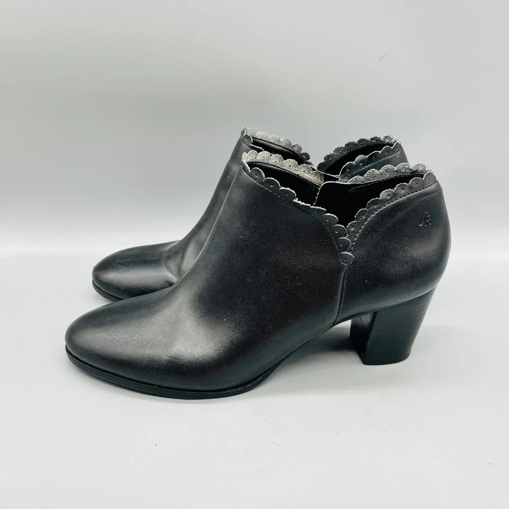 Jack Rogers Boots Womens 9 Black Leather Ankle Scalloped Trim Block Heel Shoes